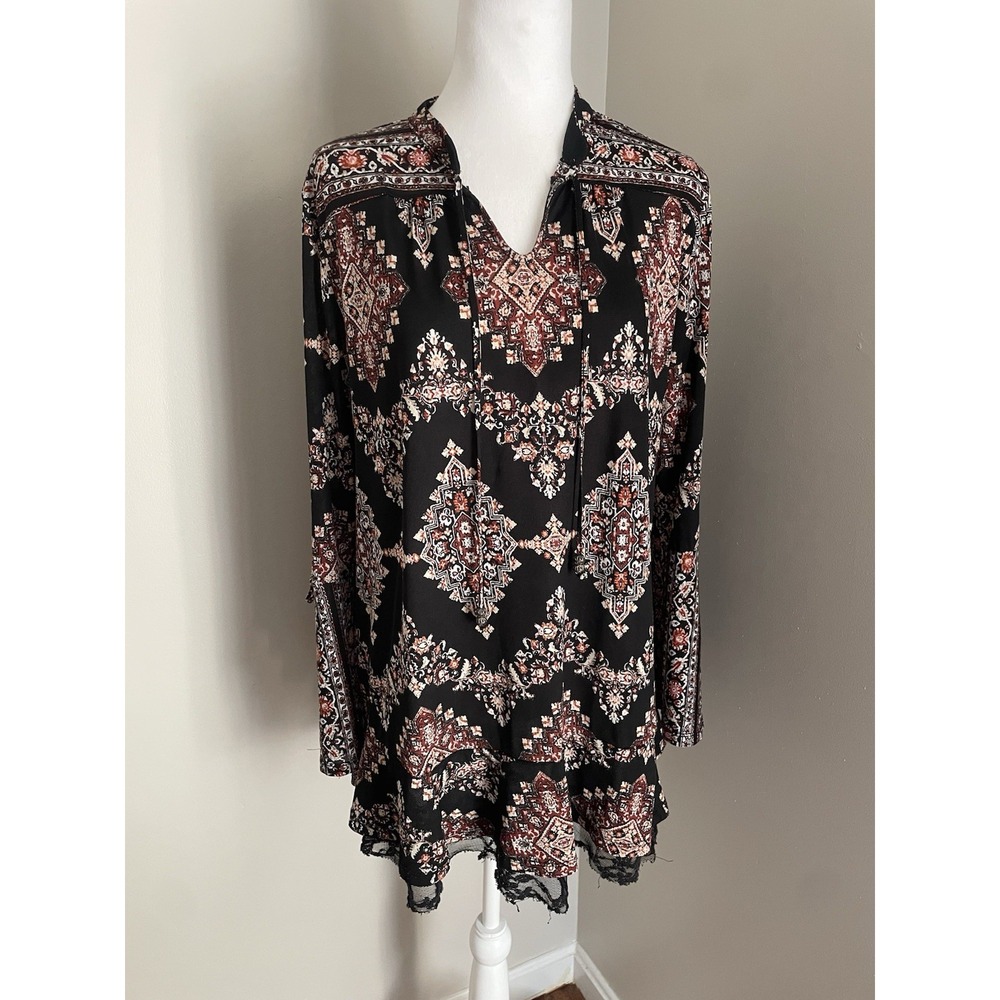 Style & Co Women M Bell Sleeve Tunic Top Fairy Grunge Black Lace Brown Boho Folk - Picture 7 of 16